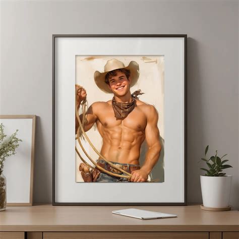 Smiling Cute Cowboy Gay Male Poster Ai Art Male Pin Up Gay Pulp Art Queer Art Print Vintage