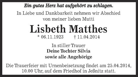 Traueranzeigen Von Lisbeth Matthes Abschied Nehmen De