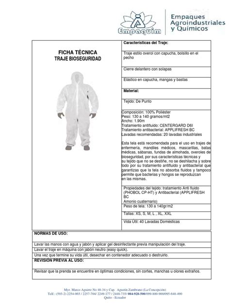 Ficha Técnica Traje Bioseguridad Pdf Sustancias Químicas