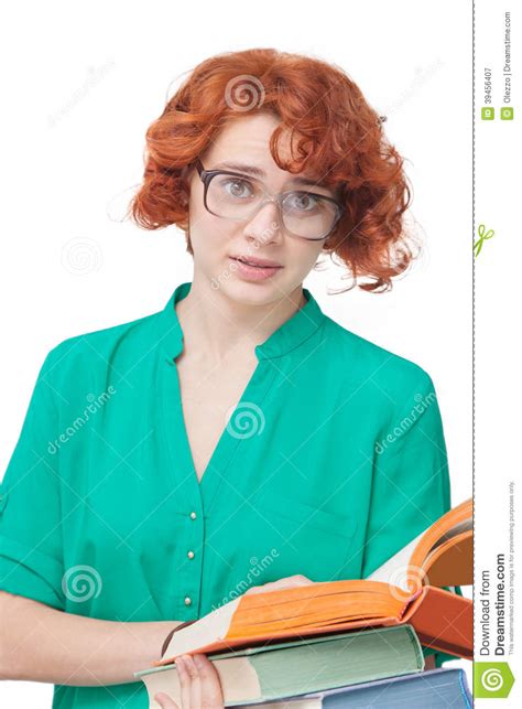 Fille Rousse En Verres Avec Des Livres Image Stock Image Du Fille