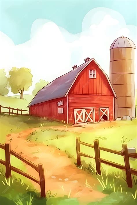 Premium Ai Image Red Farm House Barn Watercolor Illustration