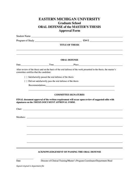 Fillable Online Emich Thesis Oral Defense Approval Eastern Michigan