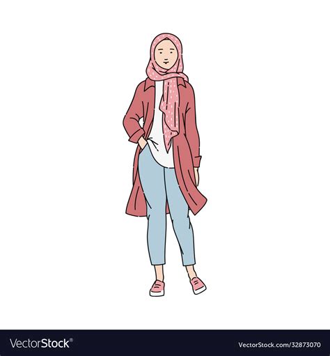 Modern Muslim Girl In Pink Hijab Standing Vector Image