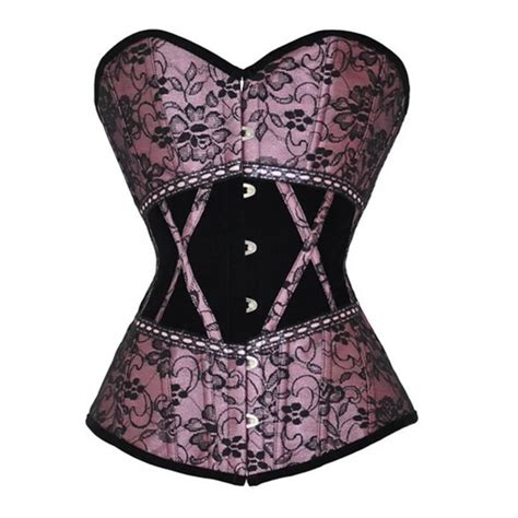 New Pink Satin With Black Floral Lace Overbust Corset Sexy Women Gothic