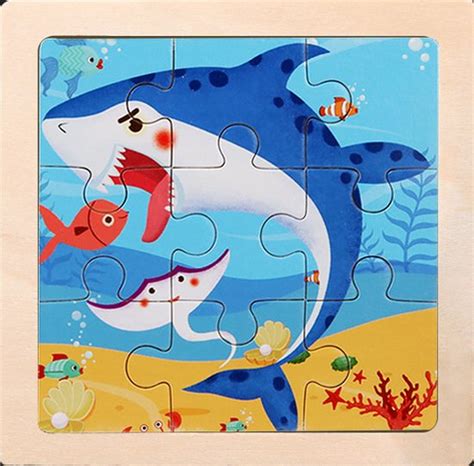 Houten Puzzel Haai 9 Delig 11x11 Cm Montessori Bol