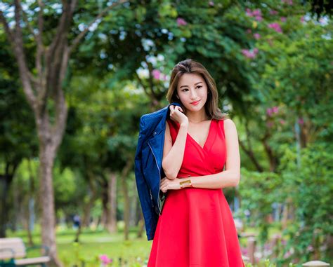 Asian Women Model Long Hair Brunette Depth Of Field Red Dress