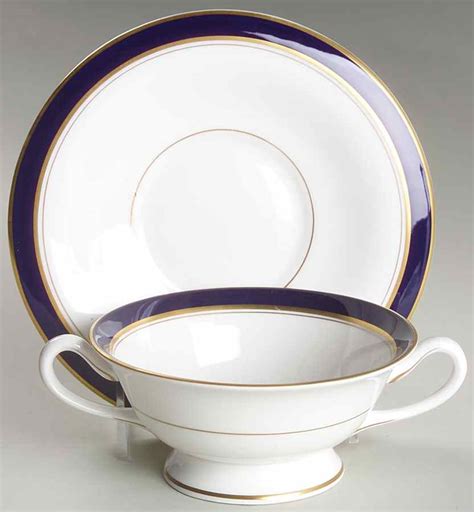 Howard Cobalt Blue Gold Trim Footed Cream Soup Bowl Saucer Set By