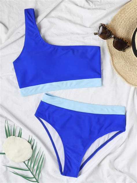 Shein Swim Summer Beach Neon Blue Bikini Set Contrast Trim One Shoulder