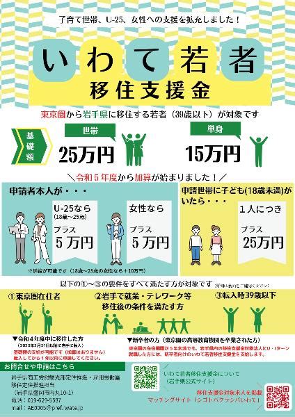 「いわて若者移住支援金」が令和5年度より「子育て」「25歳以下」「女性」への加算が始まりました／ニッポン移住・交流ナビ Join