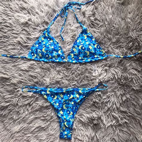 Floral Blue Self Tie Bikini Swimsuit Women S Fashion Swimwear Bikinis Swimsuits On Carousell