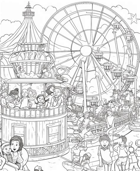 Premium Photo A Coloring Page Of A Carnival With People And A Ferris