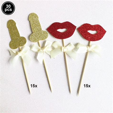 Bachelorette Male Stripper Cupcake Toppers Glitter Red Lips Penis