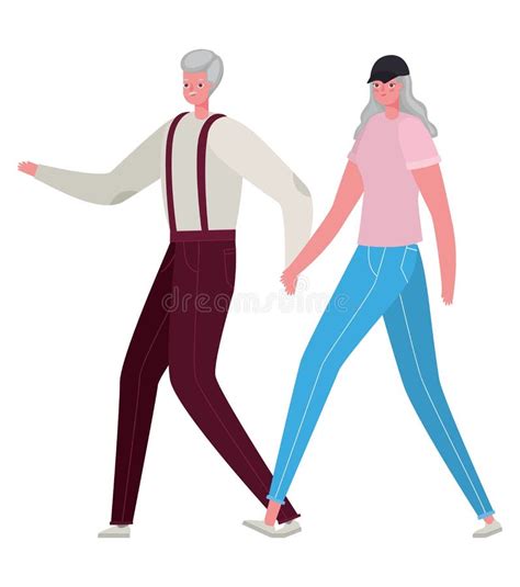 Senior Woman And Man Cartoons Walking Holding Hands Vector Design Stock