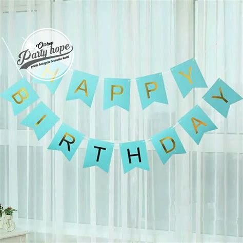 Jual Banner Happy Birthday Bunting Flag Ulang Tahun Biru Tulisan Gold