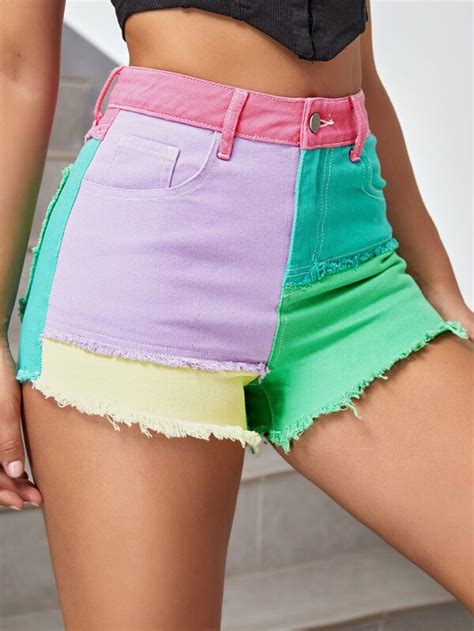 Shein Ezwear Shorts En Mezclilla De Talle Alto De Color Combinado