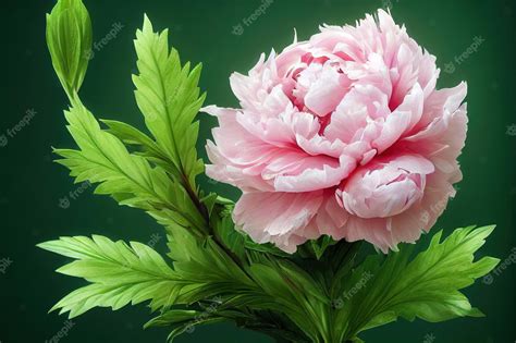 Premium Photo | Large lone pink peon flower with large leaves on dark ...