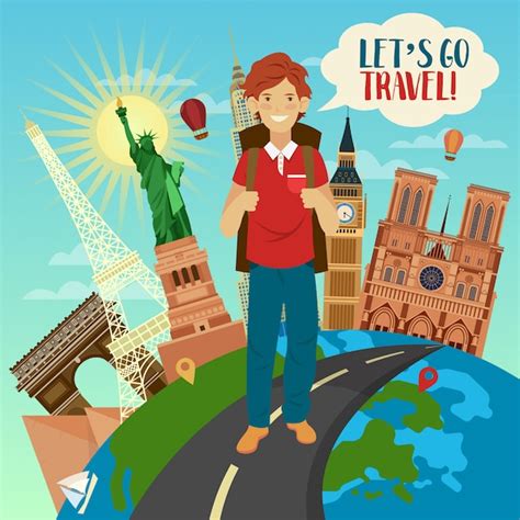 Premium Vector Lets Go Travel Banner With Famous Buildings