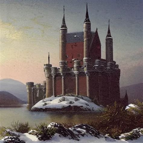 Krea Big Grey Castle With Drum Towers On A Snowy Hill Forest