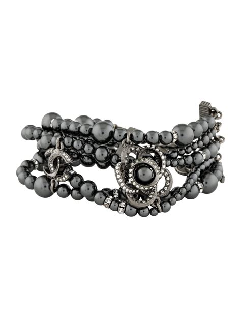 Chanel Strass Faux Pearl Multistrand Bracelet Grey Ruthenium