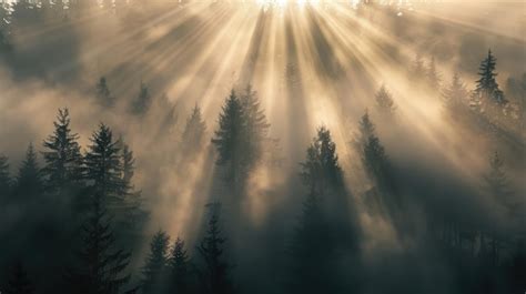 Silhouette of a forest with mist and morning sun rays | Premium AI ...