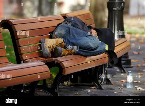 Montreal Canada October Homeless Man Sleeping On A Park Bench