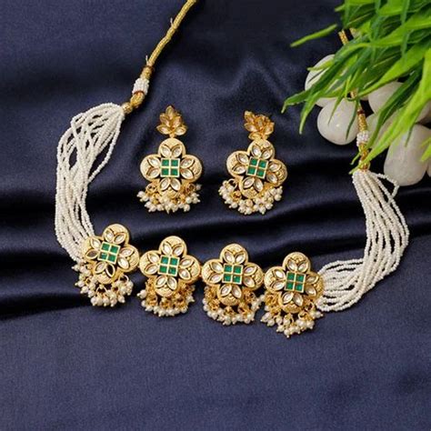 Golden Brass Fusion Arts Traditional Kundan Choker Necklace Set