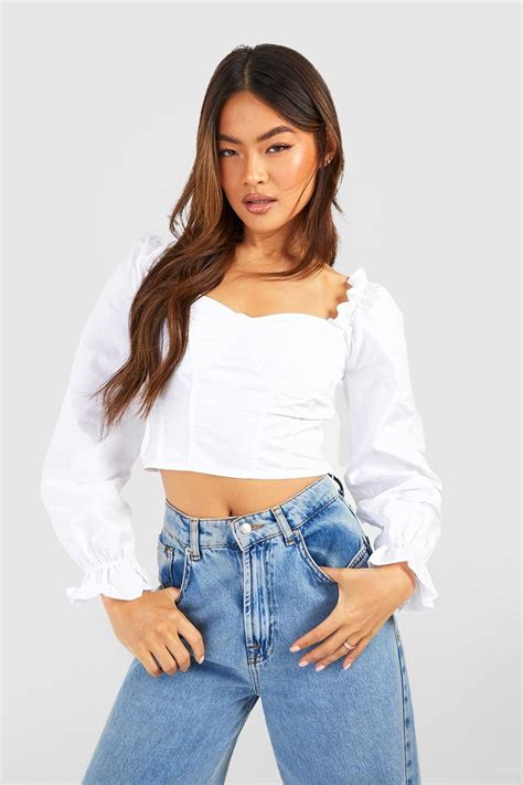 White Woven Puff Long Sleeve Crop Top Boohoo Uk