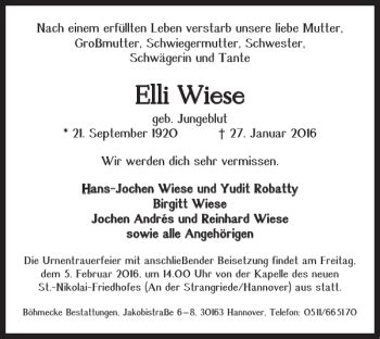 Traueranzeigen Von Elli Wiese Trauer De