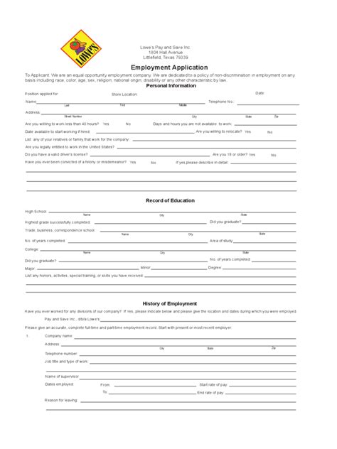 Lowes Employment Application Printable Printable Application