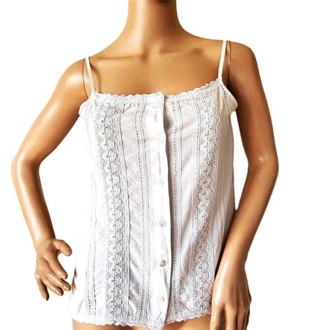 Vintage Camisole Bodice Lace Top Chemise Retro Lingerie White Cotton Blouse Spaghetti Straps