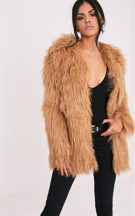 Amaria Camel Shaggy Faux Fur Jacket Jackets Prettylittlething Aus