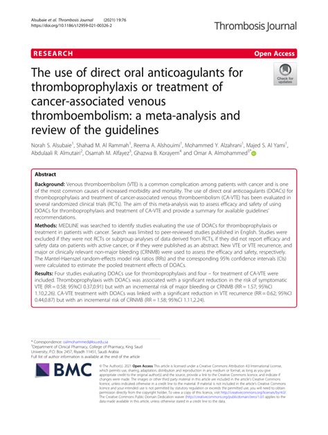 Pdf The Use Of Direct Oral Anticoagulants For Thromboprophylaxis Or Treatment Of Cancer