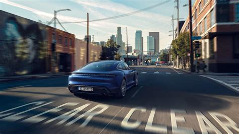 Porsche Taycan Electric Car Los Angeles Street Road Driving Motion Blur