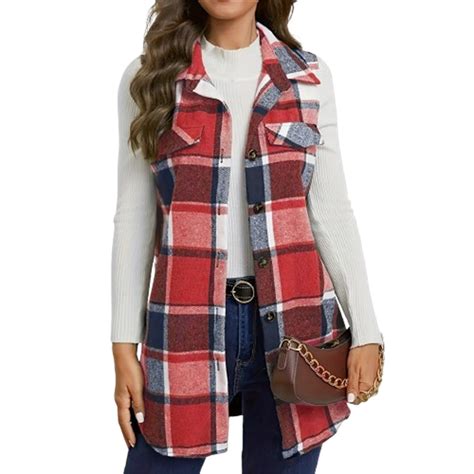 Ccrftgi Plaid Vest For Women Casual Flannel Sleeveless Vest Top Lapel