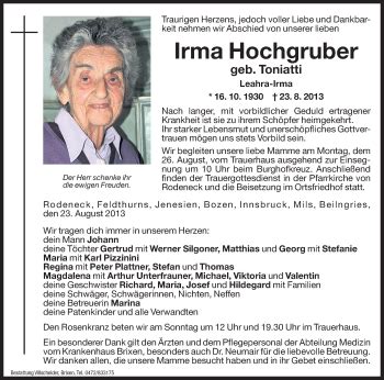 Traueranzeigen Von Irma Hochgruber Trauer Bz