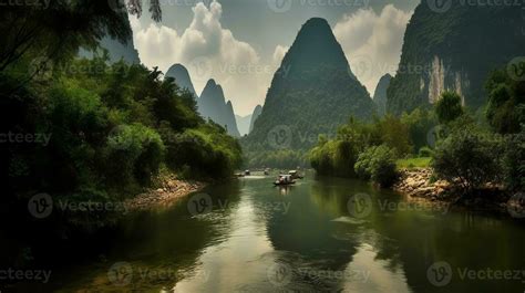 Beautiful mountain scenery of Yu Long karst river in Yangshuo Guilin, China. ai generative ...