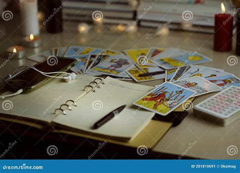 Blurred Still Life With Tarot Cards Layout On Witch Table Esoteric