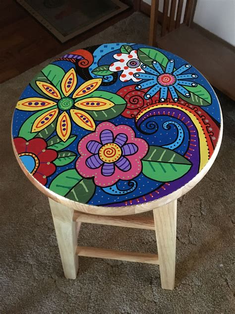 Colorful Floral Wooden Stool | Acrylic Painted Furniture