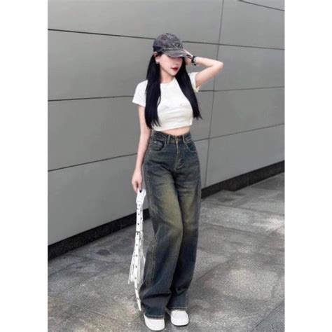 Quần jeans nữ ống rộng may viền chắp thân cực xinh xắn hot trend Shopee Việt Nam
