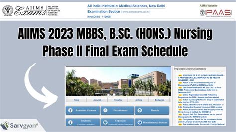 AIIMS 2023 MBBS B SC HONS Nursing Phase II Final Exam Schedule Out