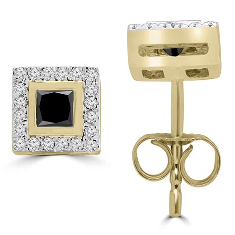 Princess Cut Black Diamond Multi Stone Bezel Set Halo Vintage Stud