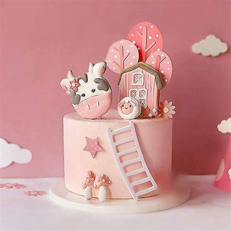 Pink Farm Animal Decoration Birthday Cake Toppings Suitable For Farm