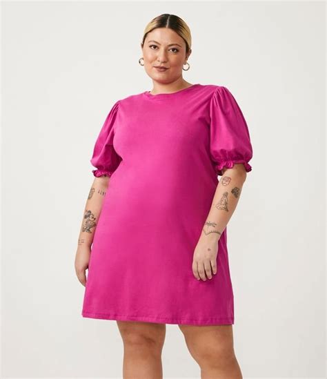 Vestido Curto Em Malha Manga Bufante Curve Plus Size Rosa