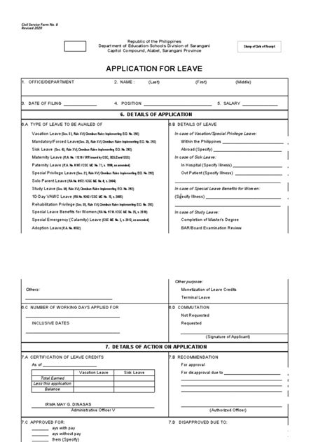 Leave Form Cs Form No 6 Revised 2020 Pdf Labor Government