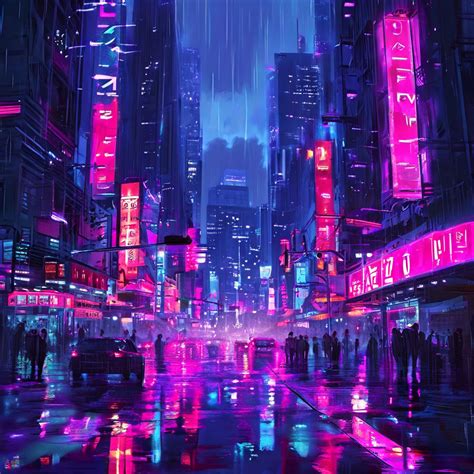 Anime-style bustling cityscape at twilight by Mark Allen - Playground