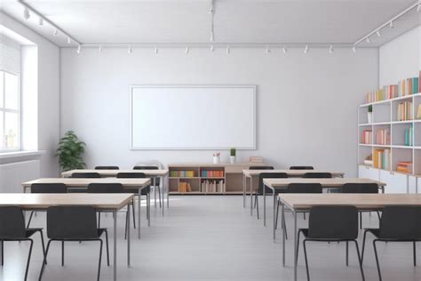 Premium Photo White School Classroom Interior Empty Room With White Walls Desks Chairs Blank