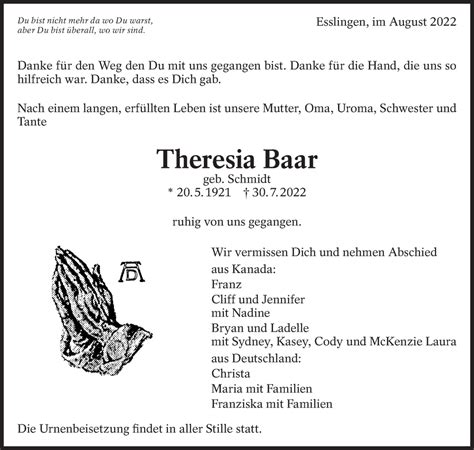 Traueranzeigen Von Theresia Baar Zeit Des Gedenkens De