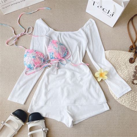 Set bikini đi biển món áo thun giấy trắng form dài áo bra nhiều màu kèm quần short trắng lưng
