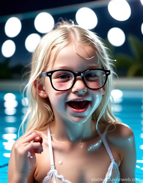 Year Old Blonde Long Hair Girl With Glasses Wearing White Lingerie In A Sunny Pool Sticking