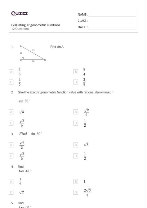 Evaluating Trigonometric Functions Worksheets